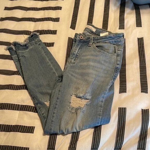 KANCAN Distressed High Rise Skinny Jeans Frayed Cuffed Ankle - Picture 1 of 13